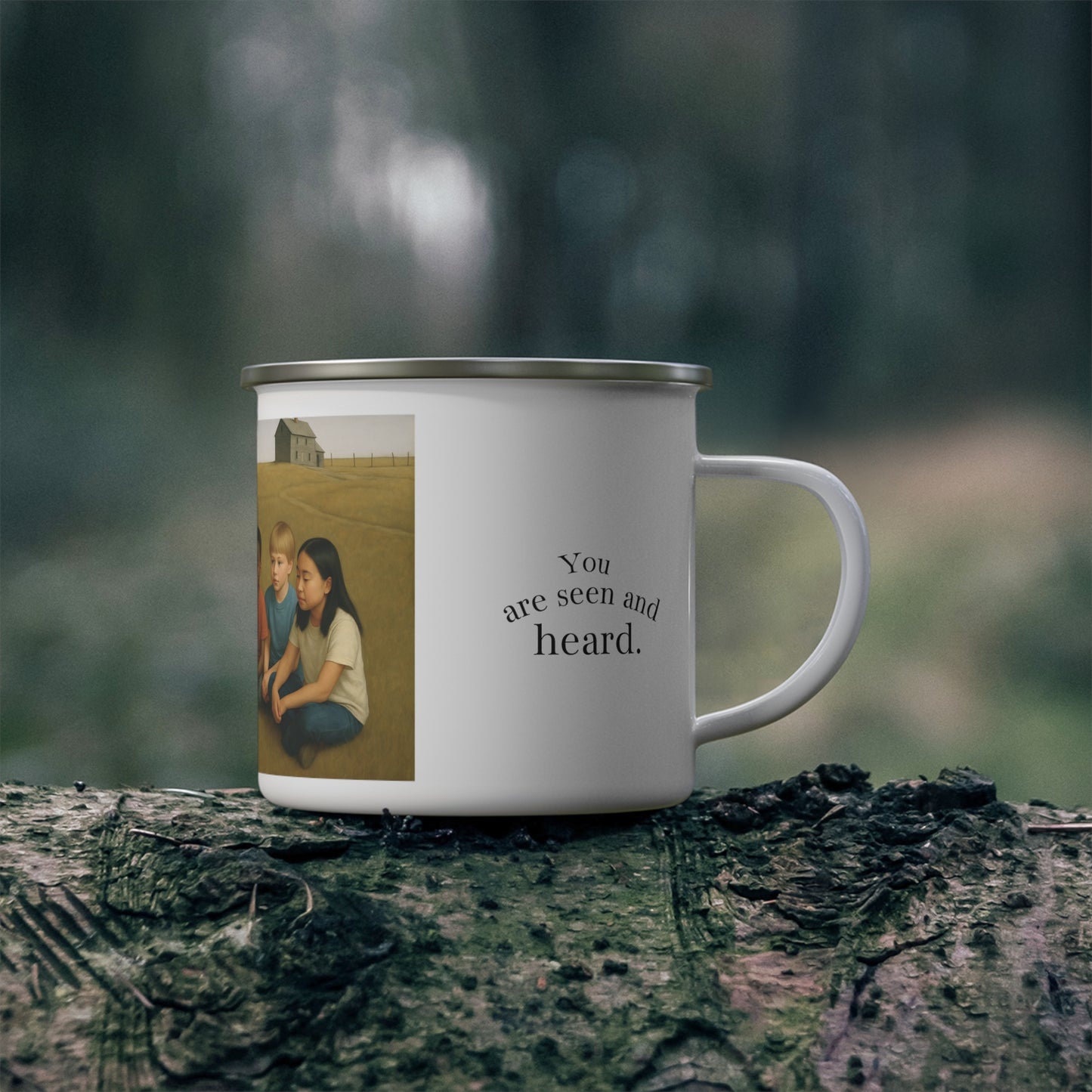 Field of Care - Artistic Enamel Camping Mug - Inspirational Design