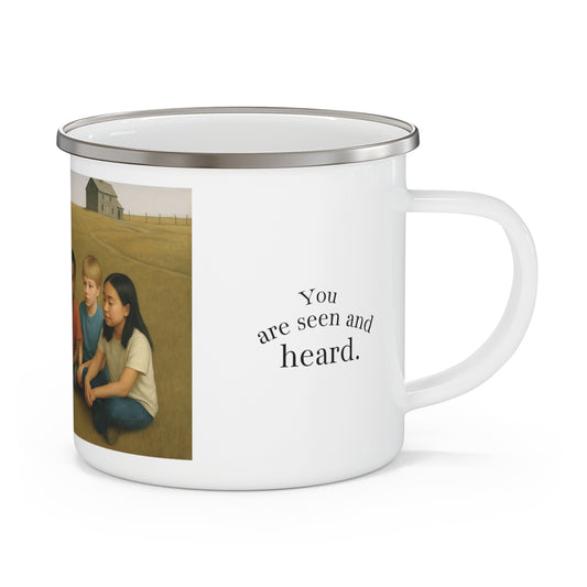 Field of Care - Artistic Enamel Camping Mug - Inspirational Design